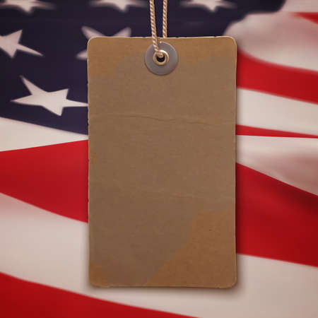 Blank, vintage, realistic price tag on American flag background. Vector illustration.のイラスト素材