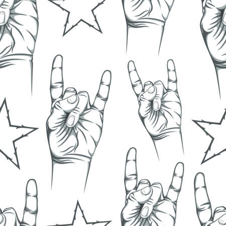 Seamless pattern with Rock n Roll sign and a stars. Vector stock.のイラスト素材