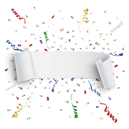 Realistic white curved ribbon, on celebration background with colorful confetti and ribbons. Vector illustration.のイラスト素材