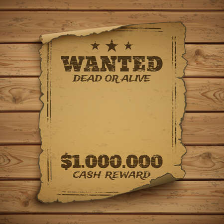 Wanted dead or alive. Wild west, grunge, old poster on wooden planks. Vector illustration.のイラスト素材