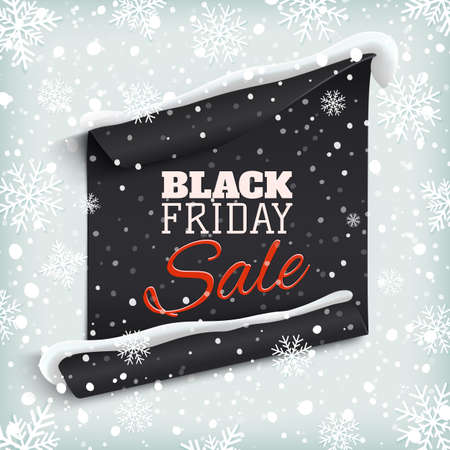 Black Friday sale. Curved paper banner on winter background with snow and snowflakes. Winter sale. Christmas sale. New year sale. Vector illustration.のイラスト素材