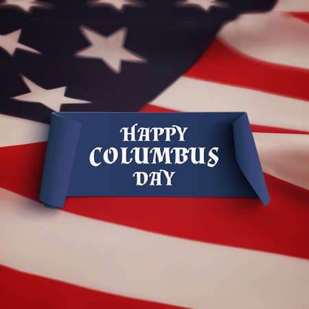 Happy Columbus Day. Blue curved banner on American flag background. Vector illustration.のイラスト素材