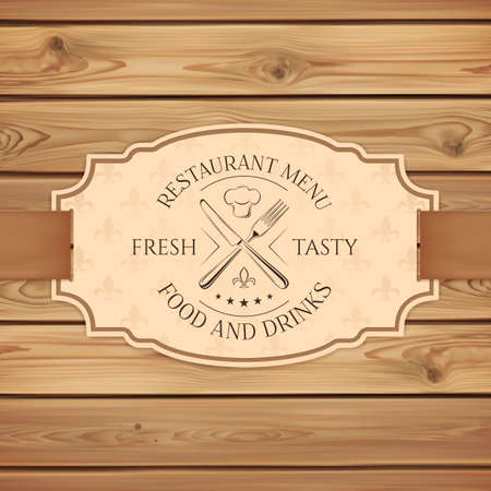 Vintage restaurant, cafe or fast food menu board template. Banner with ribbon on wooden planks. Vector illustration.のイラスト素材
