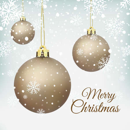 Cristmas Tree decorations on winter background with snow and snowflakes. Golden Christmas balls. Vector illustration.のイラスト素材