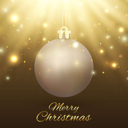 Merry Christmas greeting card. Christmas Tree decoration on background with particles and light rays. Golden Christmas ball. Vector illustration.のイラスト素材
