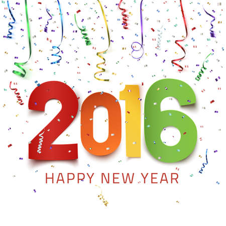 Happy New Year 2016. Colorful paper type on background with ribbons and confetti on white. Greeting card template. Vector illustration.のイラスト素材