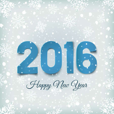 Happy New Year 2016. Blue, paper type on winter background with snow and snowflakes. Greeting card...