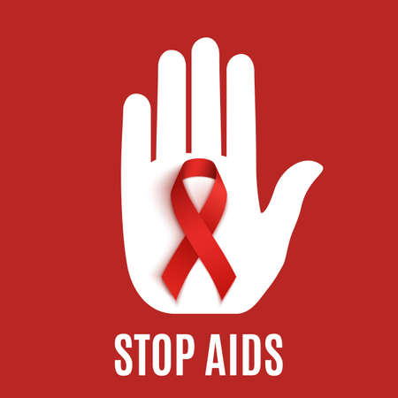 Stop AIDS background with hand and red ribbon. Vector illustration.のイラスト素材