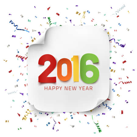 Happy New Year 2016. Colorful paper type on background with ribbons and confetti. Greeting card...