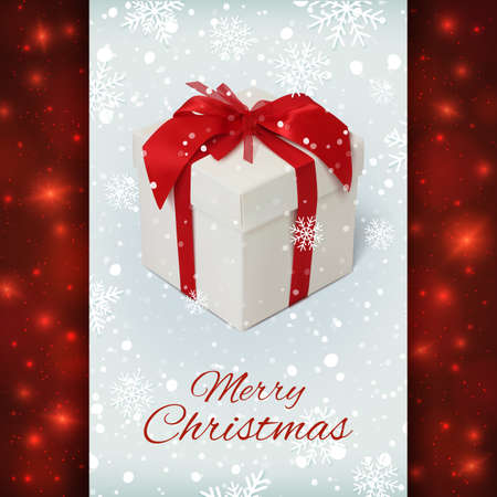 Merry Christmas greeting card. Gift box on winter background with snow and snowflakes. Vector illustration.のイラスト素材