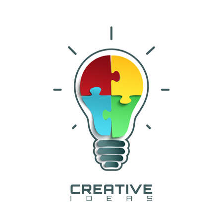 Light bulb icon with jigsaw puzzle pieces inside. Conceptual logo template.のイラスト素材