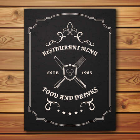 Vintage restaurant or cafe menu template. Black textured brochure on wooden planks.のイラスト素材