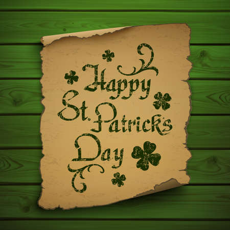 Happy St. Patricks Day hand drawn calligraphic typeface on old scroll and  green wooden planks. Vector illustration.のイラスト素材
