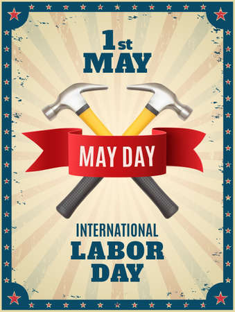 May Day. May 1st. background with two hummers and red ribbon. Poster, greeting card or brochure template with colorful rays and stars. Vector illustration.のイラスト素材