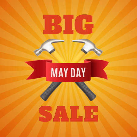 Big May Day sale. May 1st. Labor Day background with two hummers and red ribbon. Poster, or brochure template. Vector illustration.のイラスト素材