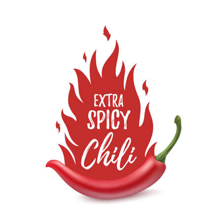 Extra spicy chili paper poster, badge or banner template with fire, isolated on white background. Vector illustration.のイラスト素材