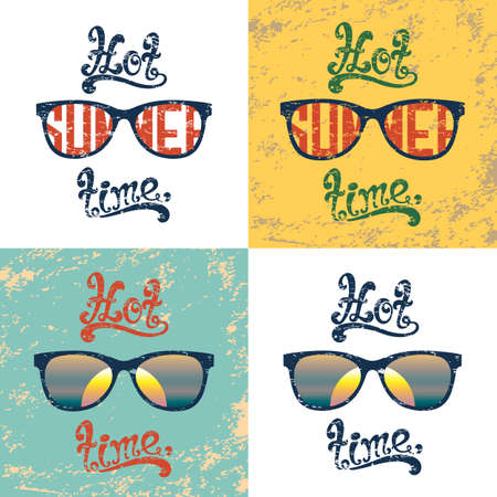 Hot summer time. Set of four calligraphic handwritten vintage, grunge, retro summer backgrounds with sunglasses. Typographic summer poster design. Hand lettering summer party templates.のイラスト素材
