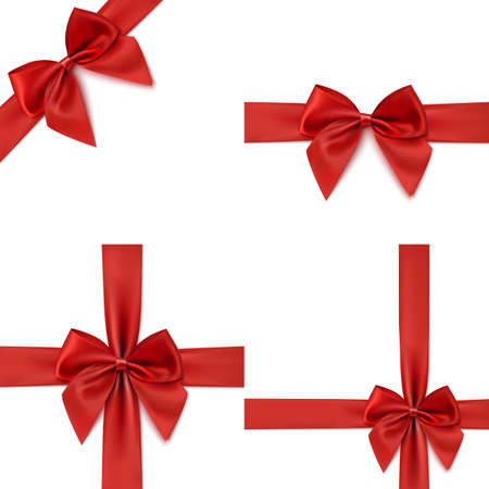 Set with different gift wrapping compositions of realistic red bow and ribbon isolated on white background. Red ribbons. Red bow templates. Red bow backgrounds. illustration.のイラスト素材