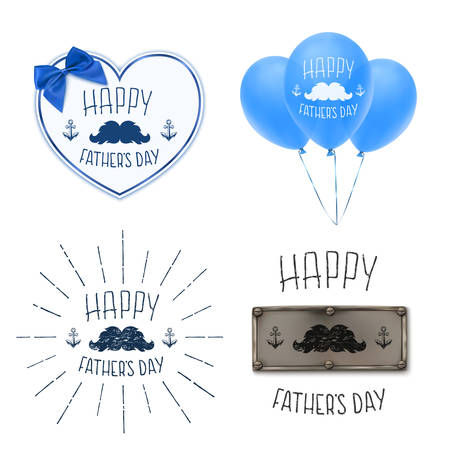 Happy Fathers Day. Set of four Fathers Day Backgrounds with paper heart, blue bow, balloons, mustache and anchors. Fathers day Calligraphic background. illustration.のイラスト素材