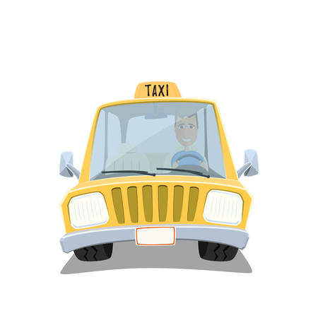 Yellow cartoon taxi car with friendly driver isolated on white background. illustration.のイラスト素材