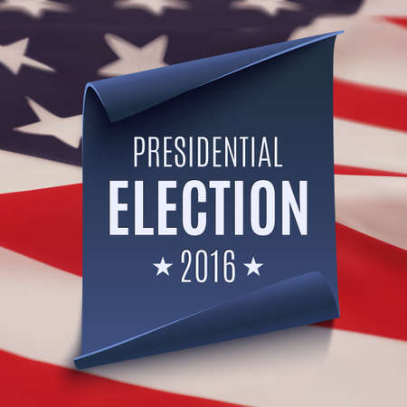 Presidential Election 2016 background on blue curved paper banner on top of american flag. Poster, brochure or flyer template.のイラスト素材