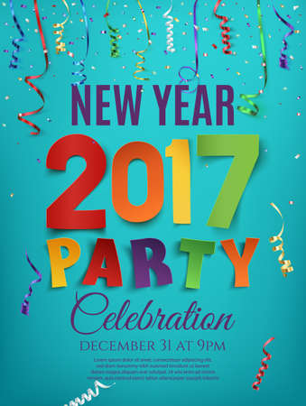 New Year 2017 party poster template with confetti and colorful ribbons on blue background. Vector illustration.のイラスト素材
