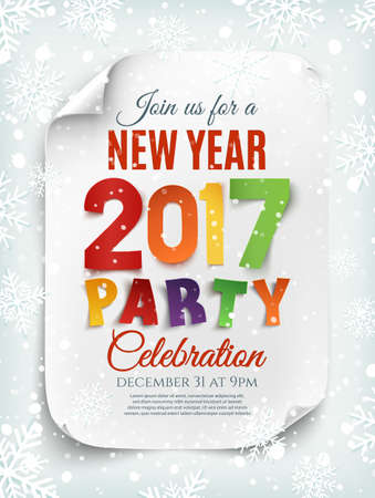 New Year party poster, brochure or invitation template with snow and snowflakes. Winter background. White, curved, paper banner. Perfect for brochure or invitation. Vector illustration.のイラスト素材