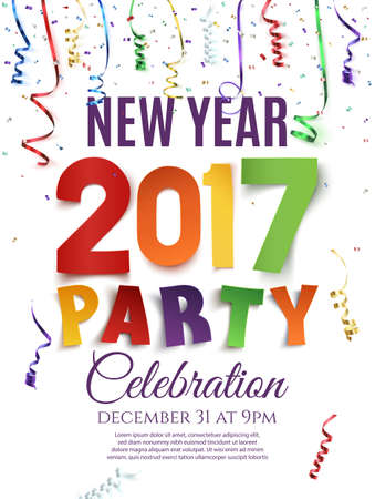 New Year 2017 party poster template with confetti and colorful ribbons on white background. Vector illustration.のイラスト素材