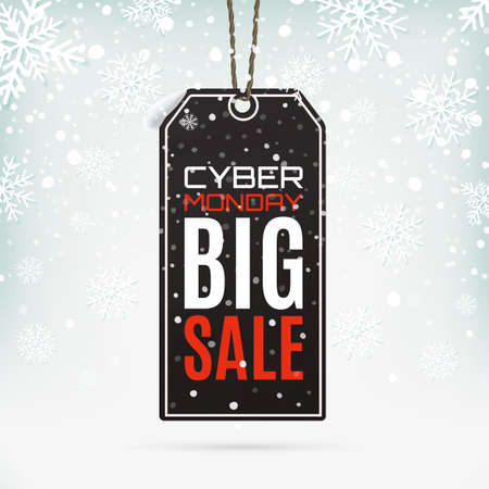 Cyber Monday sale realistic paper price tag on winter background with snow and snowflakes. Vector illustration.のイラスト素材