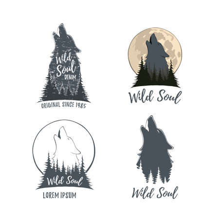 Set of four wolf howling on the moon in the forest. Templates isolated on white. Vector illustration.のイラスト素材
