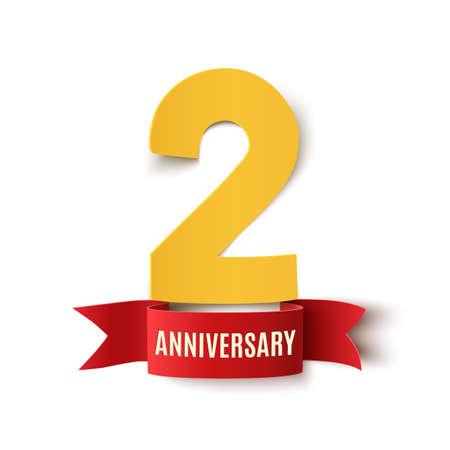 Two years anniversary design. Background with red ribbon on white.Greeting card, poster or brochure template. Vector illustration.のイラスト素材