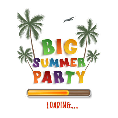 Big summer party loading poster template isolated on white background with palms and seagull. Vector illustration.のイラスト素材