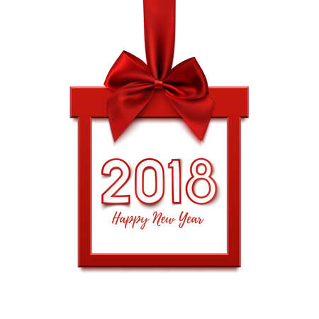 Happy New Year 2018 design, square banner in form of Christmas gift with red ribbon and bow, isolated on winte background. Greeting card, brochure or banner template. Vector illustration.のイラスト素材