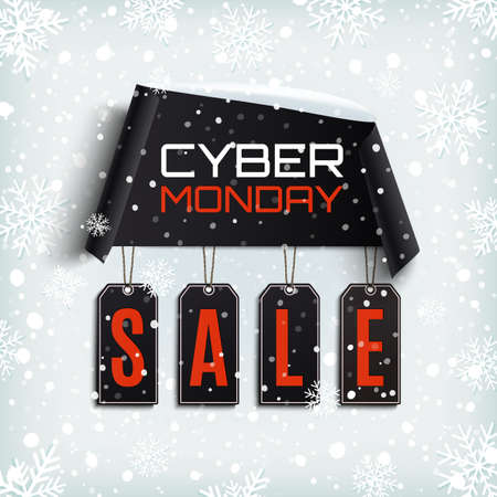 Cyber monday sale. Curved paper banner with black price tags on winter background with snow and snowflakes. Vector illustration.のイラスト素材