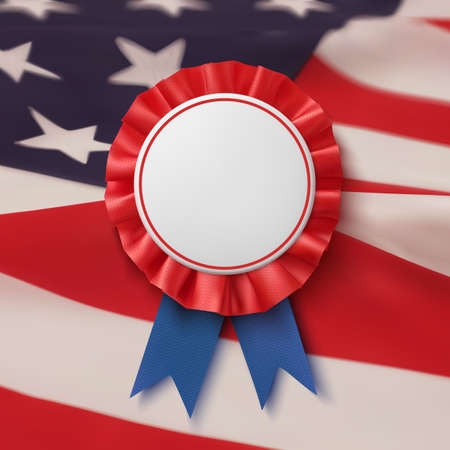 Blank badge. Realistic, patriotic, blue and red label with ribbon, American flag bacground. Poster, brochure or greeting card template. Vector illustration.のイラスト素材