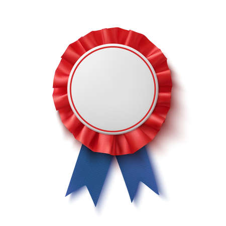 Blank badge. Realistic, blue and red label with ribbon.のイラスト素材