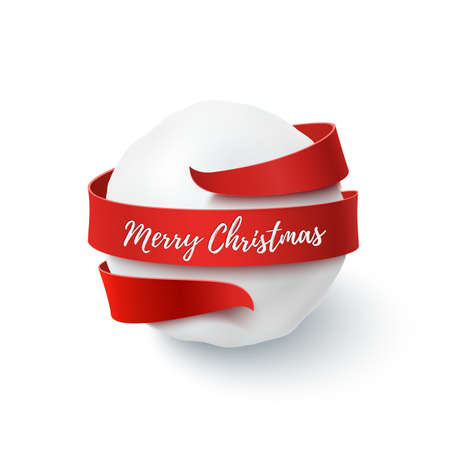 Merry Christmas, snow ball with red bow and ribbon around, on transparent background.のイラスト素材