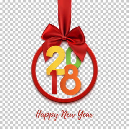 Happy New Year 2018 round banner with red ribbon and bow, on transparent background. Colorful Christmas tree decoration. Greeting card, flyer, poster or brochure template. Vector illustration.のイラスト素材