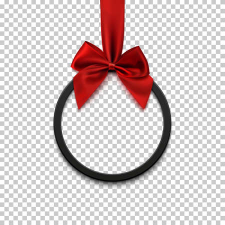 Black round banner with red ribbon and bow.の写真素材