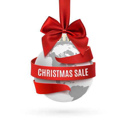Christmas sale, earth icon with red bow and ribbon around.のイラスト素材