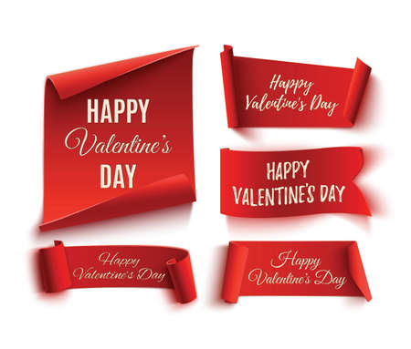 Set of five red, Happy Valentines day, realistic, paper banners. Vector illustrationのイラスト素材