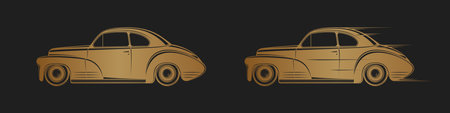 Golden classic car silhouette on black background.のイラスト素材