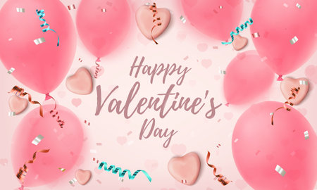Happy Valentines Day background. Abstract pink greeting card template with candy hearts, balloons, konfetti and ribbons.のイラスト素材