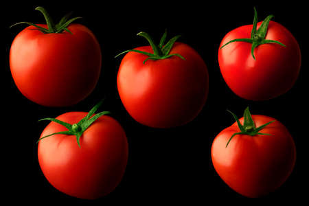 five red fresh tomatoes on a black backgroundの写真素材
