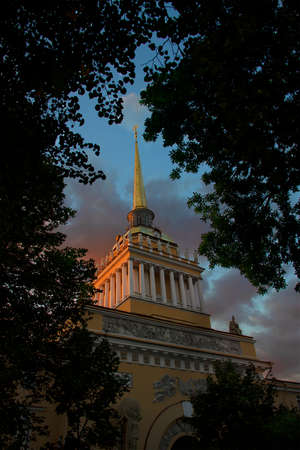 Russia, St Petersburg, old photo Admiralty building in the summer sunset, with a view of the building in perspectiveのeditorial素材