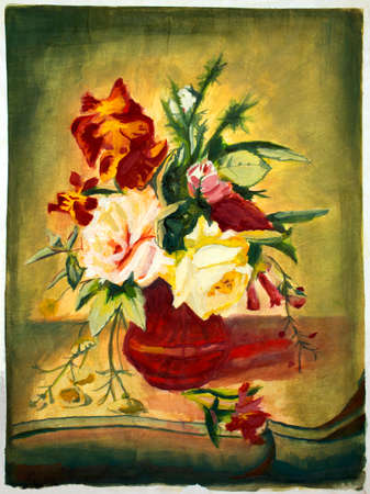 A bouquet of garden flowers in a vase in a French stele. Academic painting. Gouache painting. Watercolor painting. An old painting.の写真素材