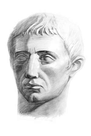 Drawing of the sculpture of the head of Germanicus. Isometric projection. Academic pencil drawing. Old drawingの写真素材
