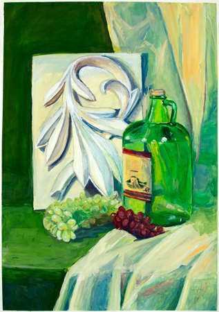Still life in green tones with a bottle, grapes and stucco. Academic painting. Gouache painting.の写真素材