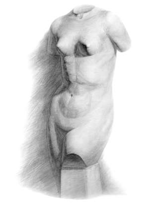 Drawing of a sculpture of the torso of Venus (Aphrodite). Isometric projection. Academic pencil drawing. Old drawingの写真素材