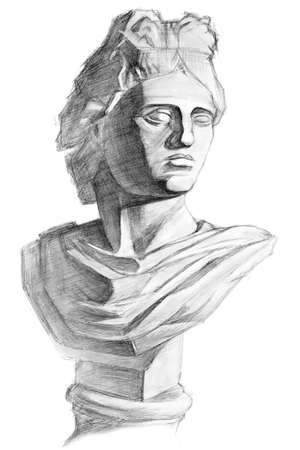 Drawing of the sculpture of the bust of Apollo Belvedere (Apollo). Isometric projection. Academic pencil drawing. Old drawingの写真素材